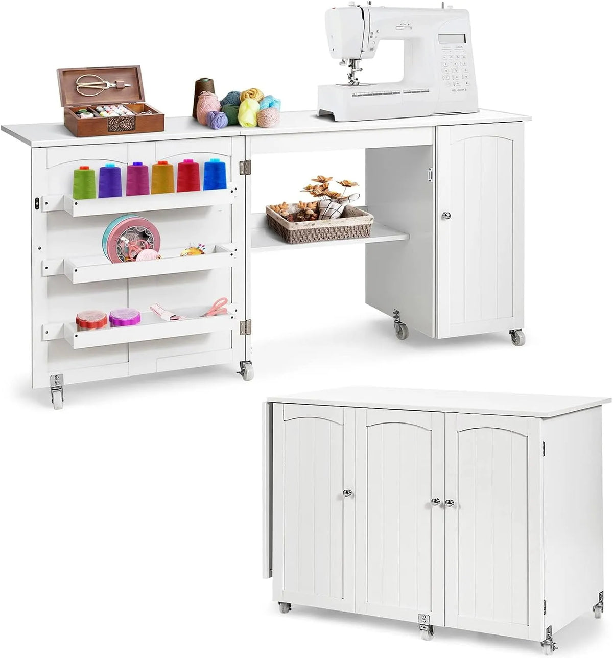 Nähmaschinentisch, Schreibtisch, Basteltisch, Nähschrank, Türschrank, Nähtisch, elektrische Nähmaschine, 158x50x75cm, Transportrollen, Weiß, COSTWAY