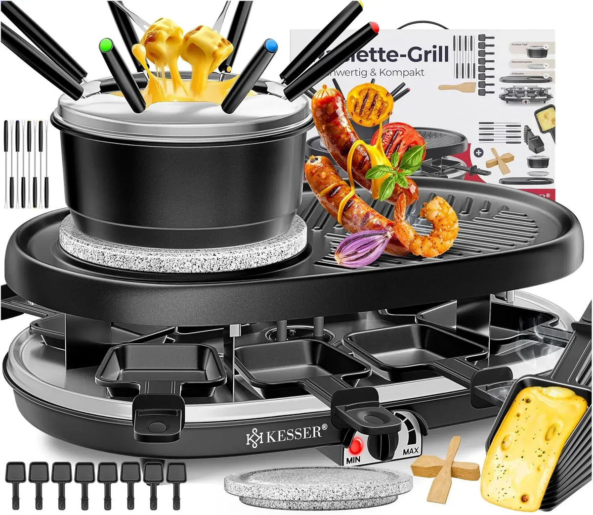 3in1 Raclette-Grill, Elektrogrill, Tischgrill, Fondue, elektrischer Tischgrill, Antihaftbeschichtung, Holz, für 8 Personen