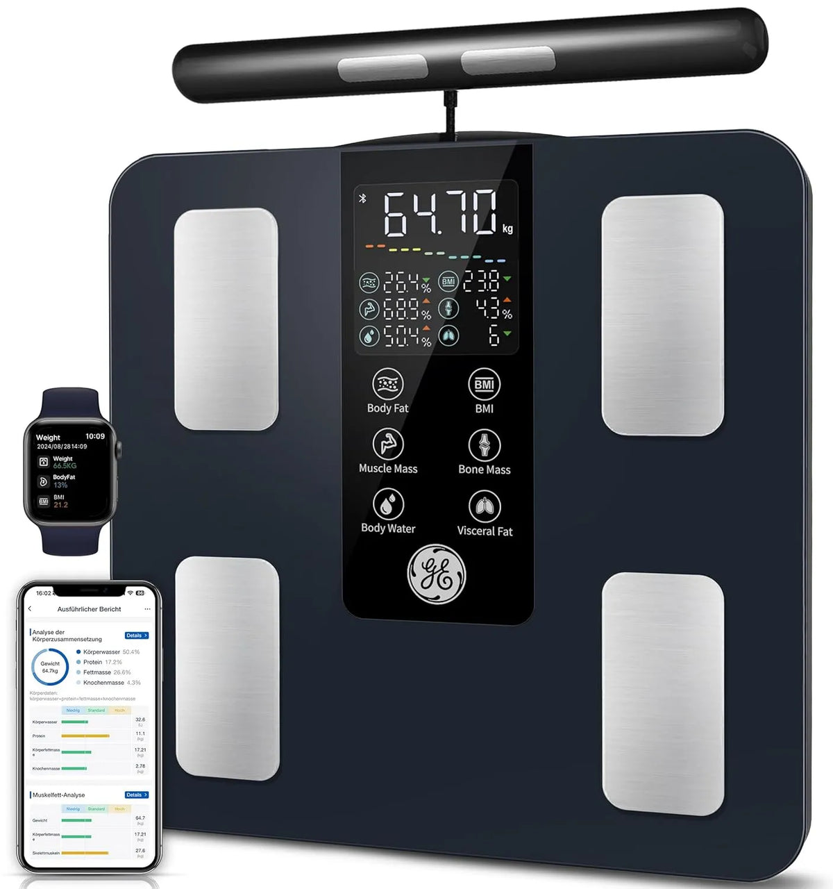 8-Elektroden Körperfettwaage, 180 kg, Schwarz
