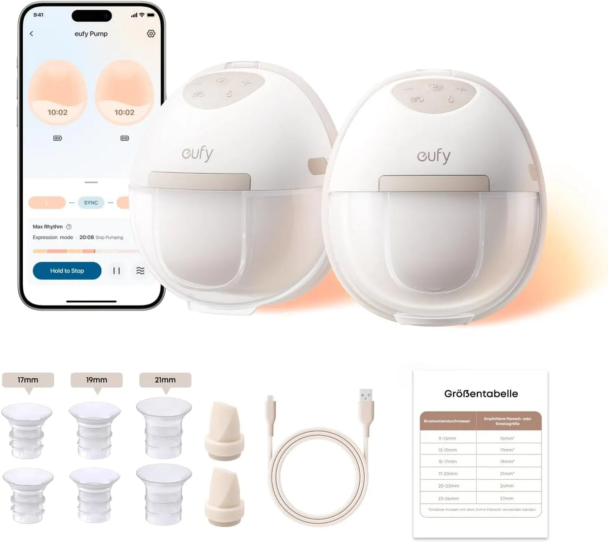 Milchpumpe E20, elektrische Stillpumpe, anpassbarer Rhythmus in der App, 3 Heizstufen