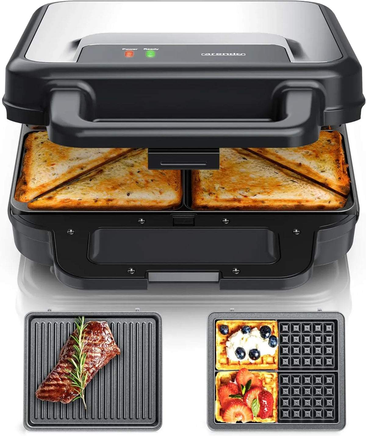 Toaster 4er, Grill, leise, Antihaftbeschichtung, 3 in 1 Waffeleisen Kontaktgrill mit abnehmbaren Platten, BPA frei, Sandwichmaker XXL