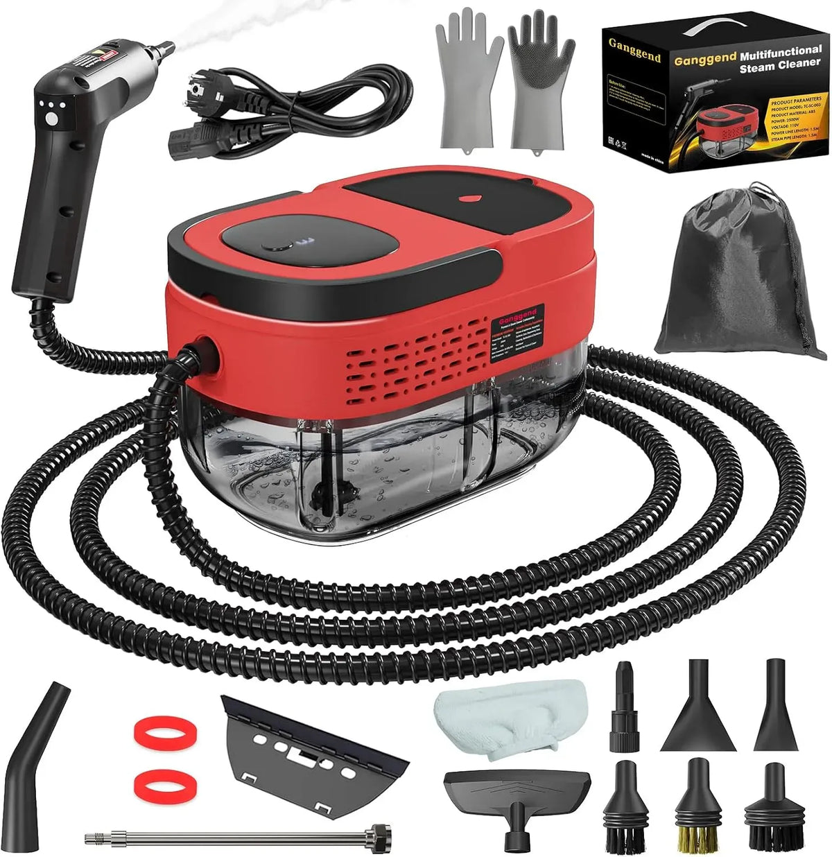 Dampfreiniger, 2500 W, großer Wassertank, Rot, Steam Cleaner für Alles, Dampfabgabe vom Handgriff aus, 15 Sekunden Aufheizzeit, 16 Zubehörteilen