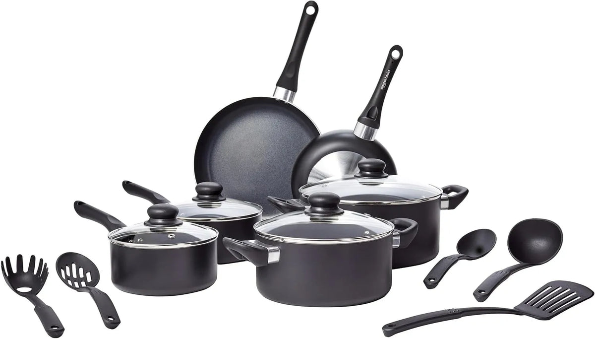 15-teiliges Basics Keramik-Antihaft-Kochgeschirr-Set, Töpfe und Pfannen mit Deckeln und Utensilien, Spiralboden, Weiche Griffe