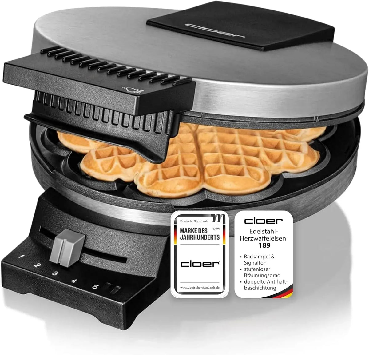 Waffeleisen, Durchmesser, Waffelautomat, 16cm, 930 W, 16 cm, Edelstahl, für eine Herzwaffel mit 16cm Durchmesser