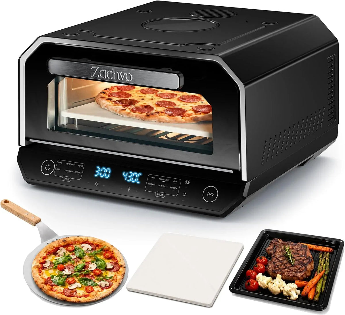 Elektrischer Pizzaofen, 6 Programme, Neapolitanische Pizza in 90 Sek, Pizzaschaufel & Pizzastein & Backblech, 6 Programme & & 6 Kochmodi
