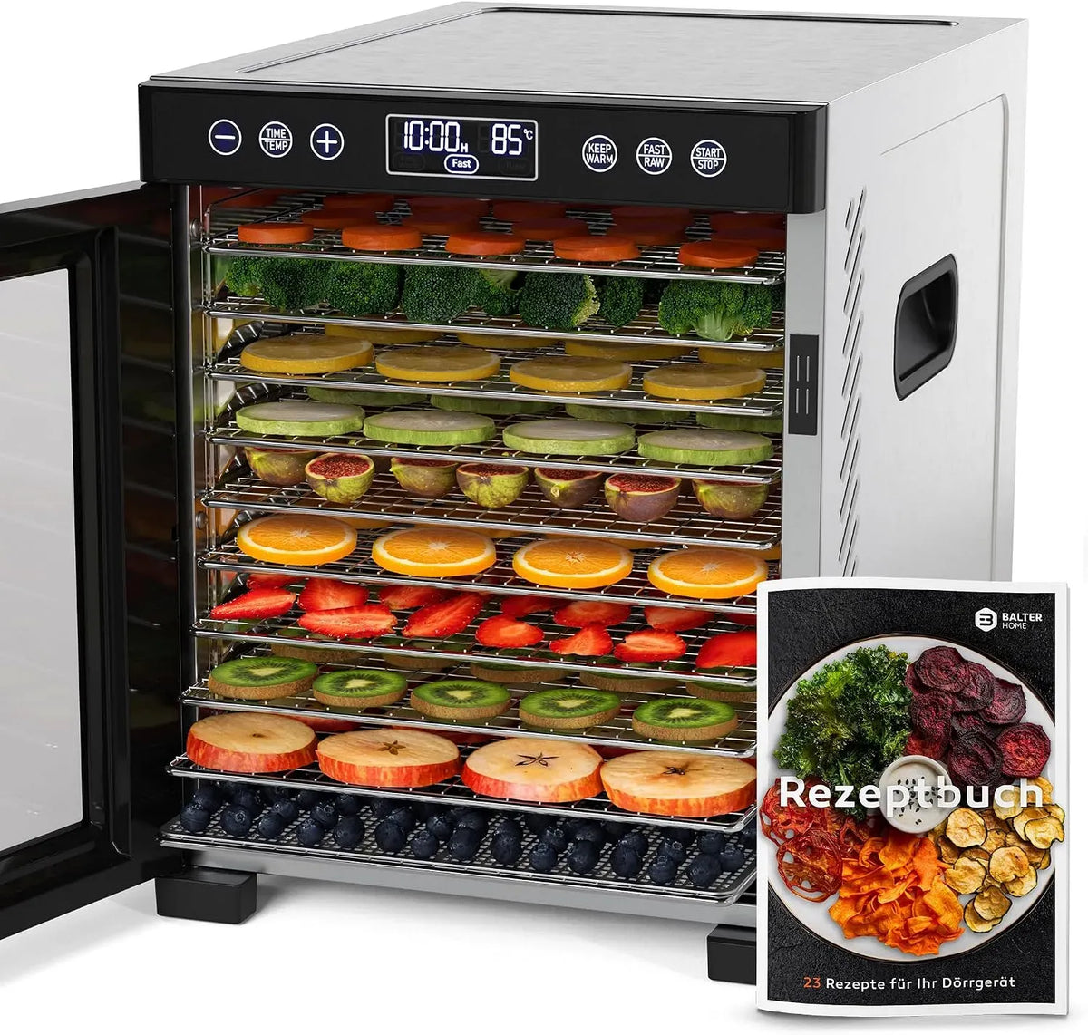 Wäschetrockner, 700 W, 35 bis 75 °C, Timer, Warmhaltefunktion, Edelstahl, Timer bis 48 Std, Dörrgerät mit 10 Einlegefächern, 8400 cm² Dörrfläche