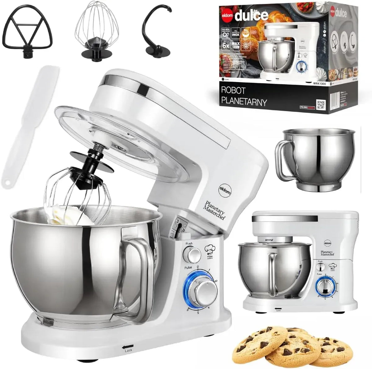 Küchenmaschine, 5 L, 1300 W, Küchenmaschine WRK1300, Weiß, 6 Geschwindigkeiten + Pulse, Planetarische Rührmaschine 5L